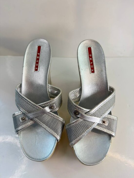 Prada Metallic Wedge Sandals – Women’s Size EU 36 / US 6 - Picture 2 of 16